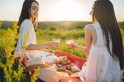 Free Two women enjoying a summer picnic with fresh fruit and juice in a scenic field. Stock Photo