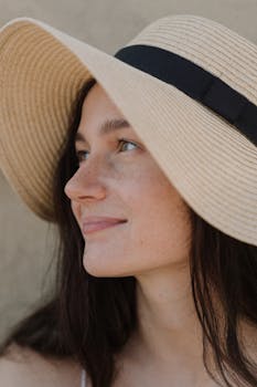 画中一位戴太阳帽的妇女微笑着，在阳光明媚的日子里享受户外时光