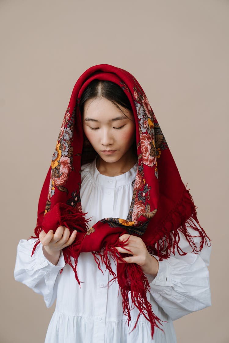 Woman In Red And White Hijab