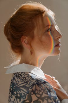 红发女子侧脸上映着彩虹倒影，象征着优雅与美丽