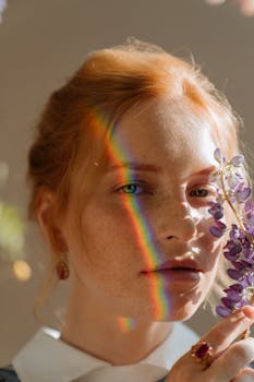 红发女人脸上映着彩虹的倒影，手里捧着鲜花