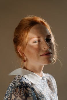 这幅肖像画展现了一位穿着复古服装、有雀斑的红发女子的俄罗斯优雅