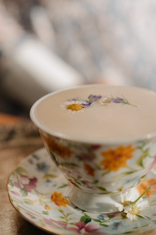 Free White Blue and Green Floral Ceramic Teacup on Saucer Stock Photo