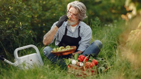 Elderly gardener enjoys freshly picked vegetables and fruits outdoors.