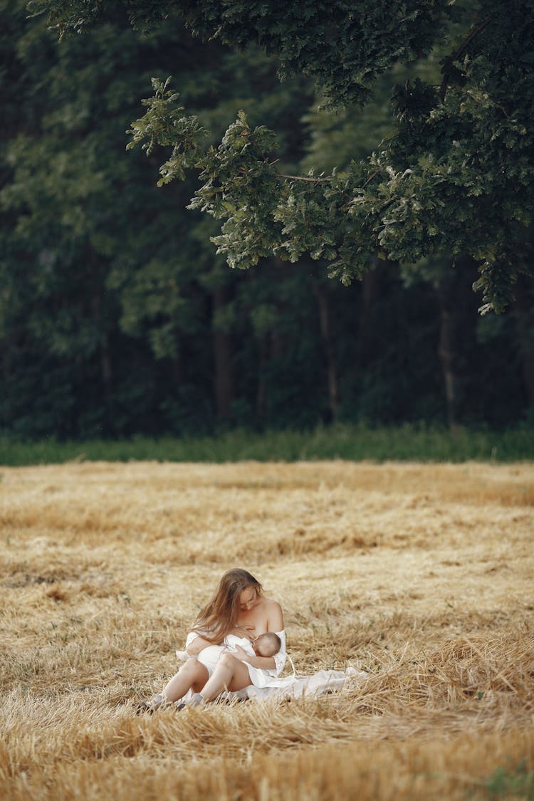 Woman Breastfeeding On Meadow