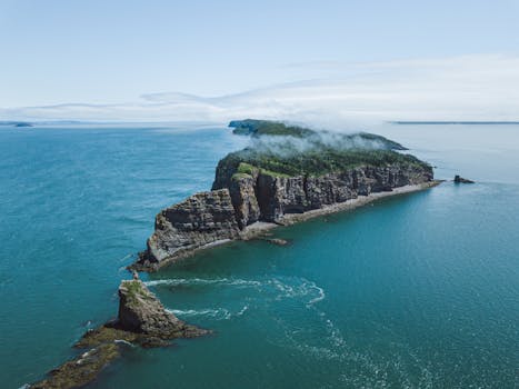 A breathtaking aerial view of Cape Split overlooking the pristine Atlantic Ocean in Nova Scotia.