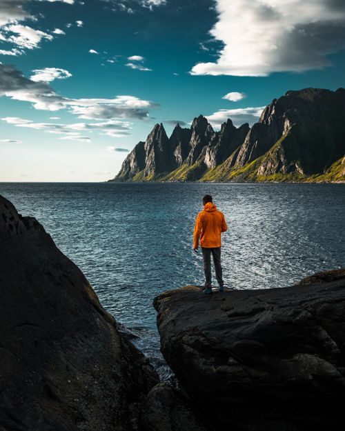 Free A person in an orange jacket stands on rocks overlooking a stunning fjord in Norway. Stock Photo