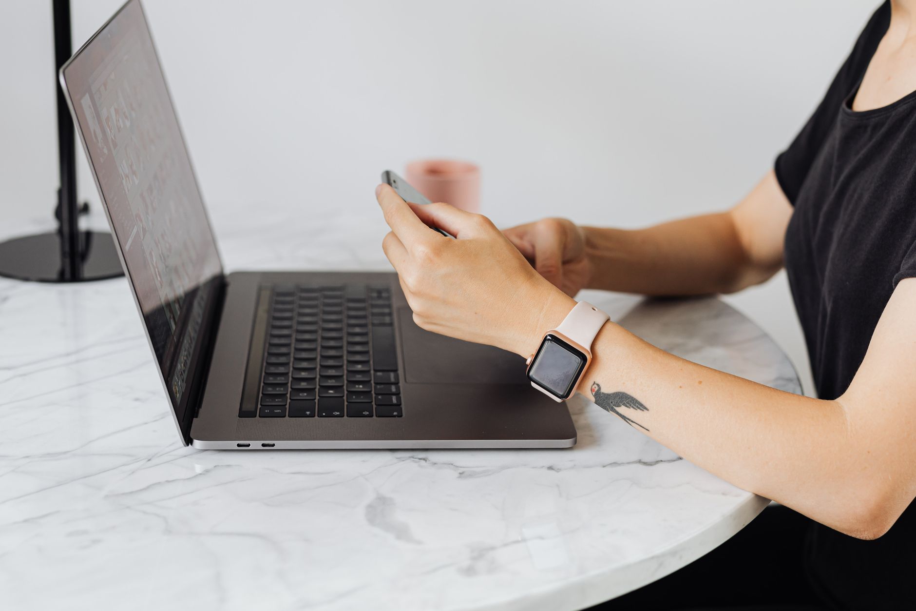 Smartwatch worn while working at a desk