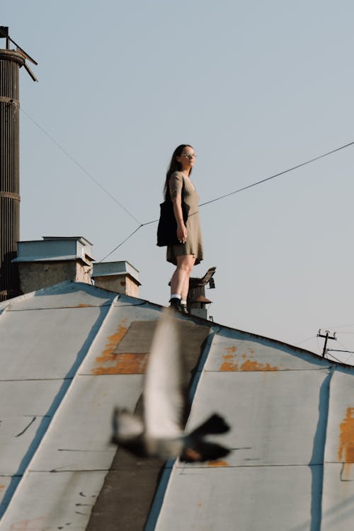 Woman in Brown Coat and Black Pants Standing on Roof