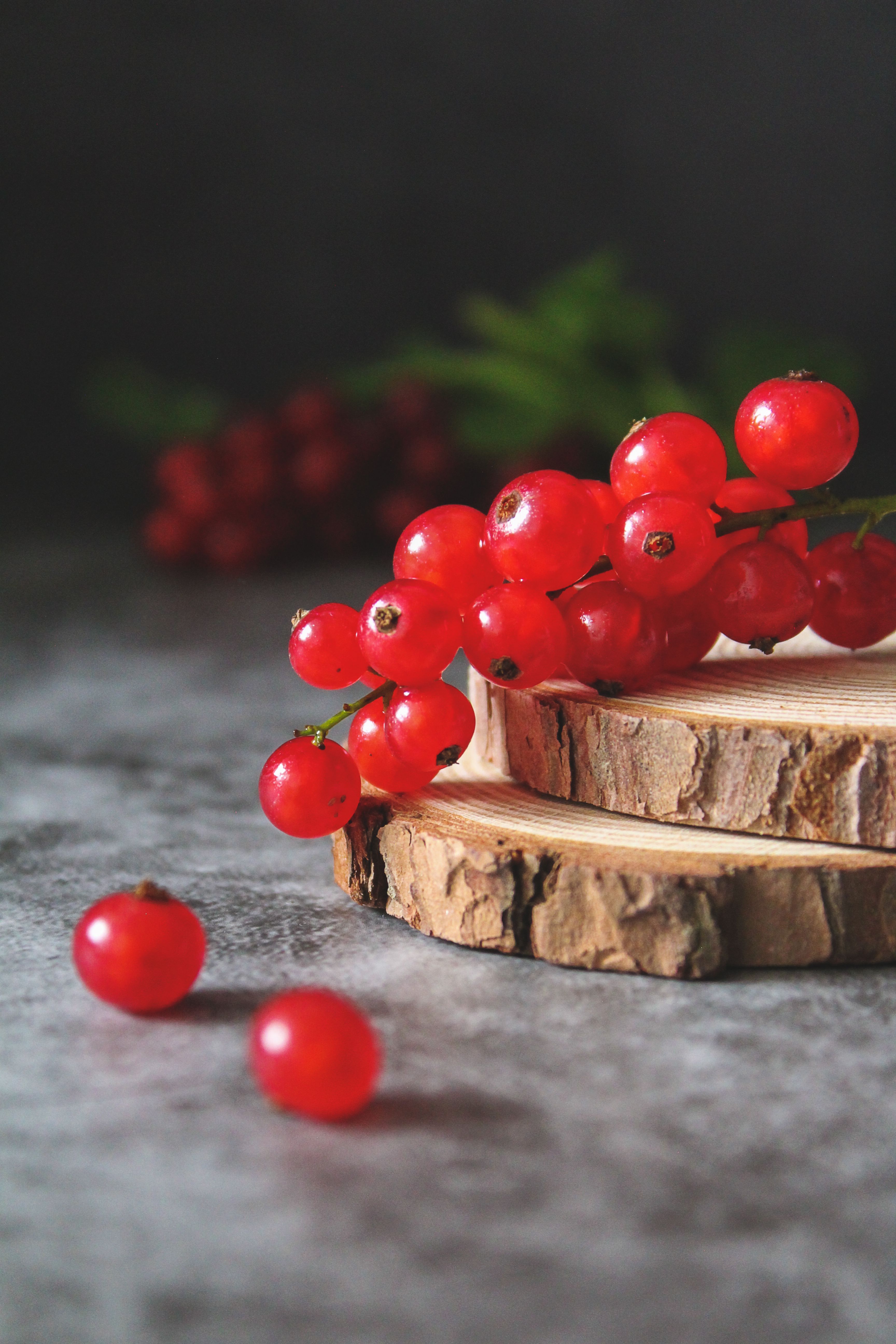 Vibrant red currants resting on wooden slices with a soft, blurred background.
