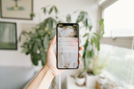 A hand holding a smartphone inside a modern, bright room with plants.