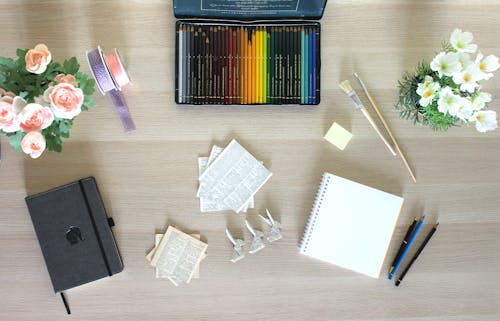 Art Materials on  Wooden Table