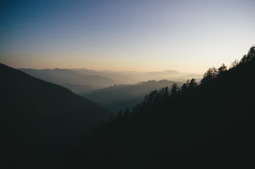 Silhouette of Mountains and Trees during Sunrise