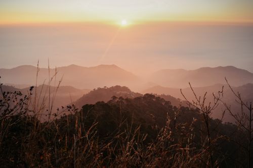 Free A breathtaking view of sunset over misty mountains with warm hues and lush greenery. Stock Photo