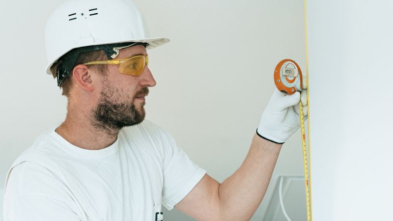 Contractor measuring the height of a basement ceiling above a tall heat pump water heater