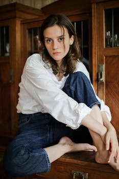 一位年轻女子身着休闲时装，在摆有复古家具的室内轻松地摆着姿势