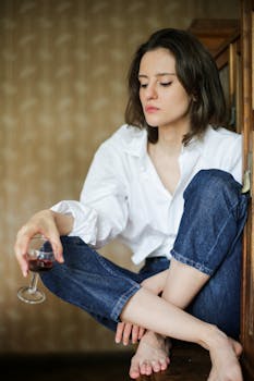 一名年轻女子赤脚坐着，身穿白衬衫和牛仔裤，手里拿着酒杯