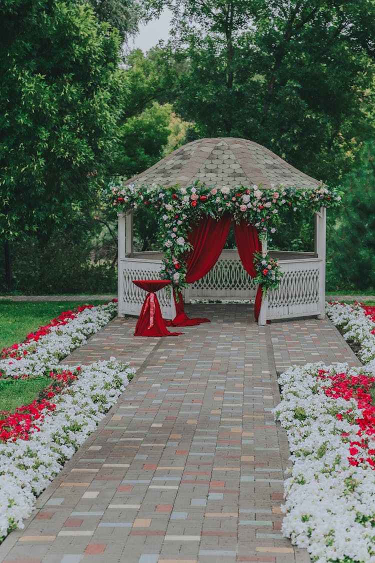 Beautiful Garden With Flowers And Wedding Decoration