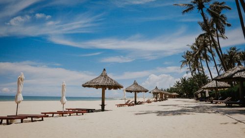 Free A serene tropical beach with lounge chairs and palm trees under a clear blue sky. Stock Photo