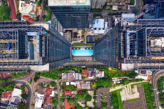 Stunning aerial view of modern high-rise buildings in downtown Jakarta.