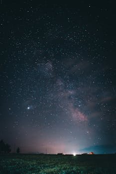 在开阔的田野上，清澈的夜空下，欣赏银河系令人惊叹的景色