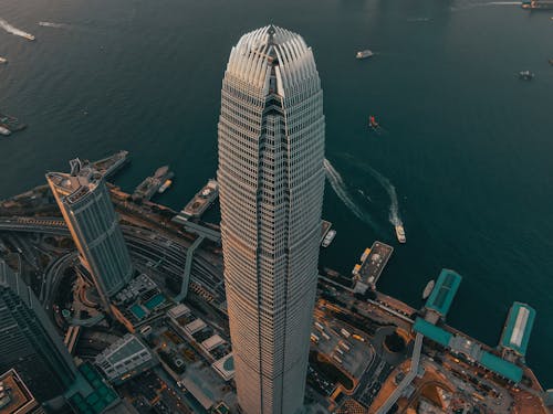 Geometric skyscraper located in city downtown at seafront