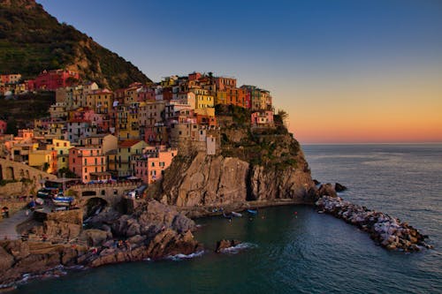 Free Aerial Shot of the Colorful Manarola Buildings in Italy Stock Photo