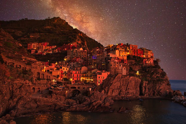 The Colorful Cinque Terre Village In Manarola Italy At Night