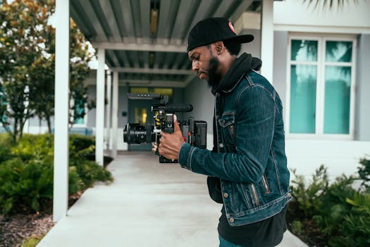A professional videographer wearing denim films outdoors with modern equipment.