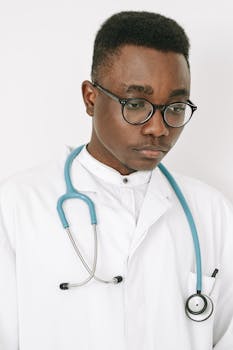 Portrait of a doctor in a white coat with a stethoscope against a white background.