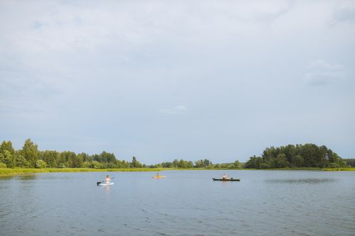 Free Three kayakers paddle along a calm river surrounded by lush greenery under a clear sky. Stock Photo