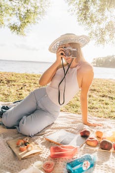 阳光明媚的日子里，一位戴帽子的女士在宁静的湖畔享受摄影和野餐