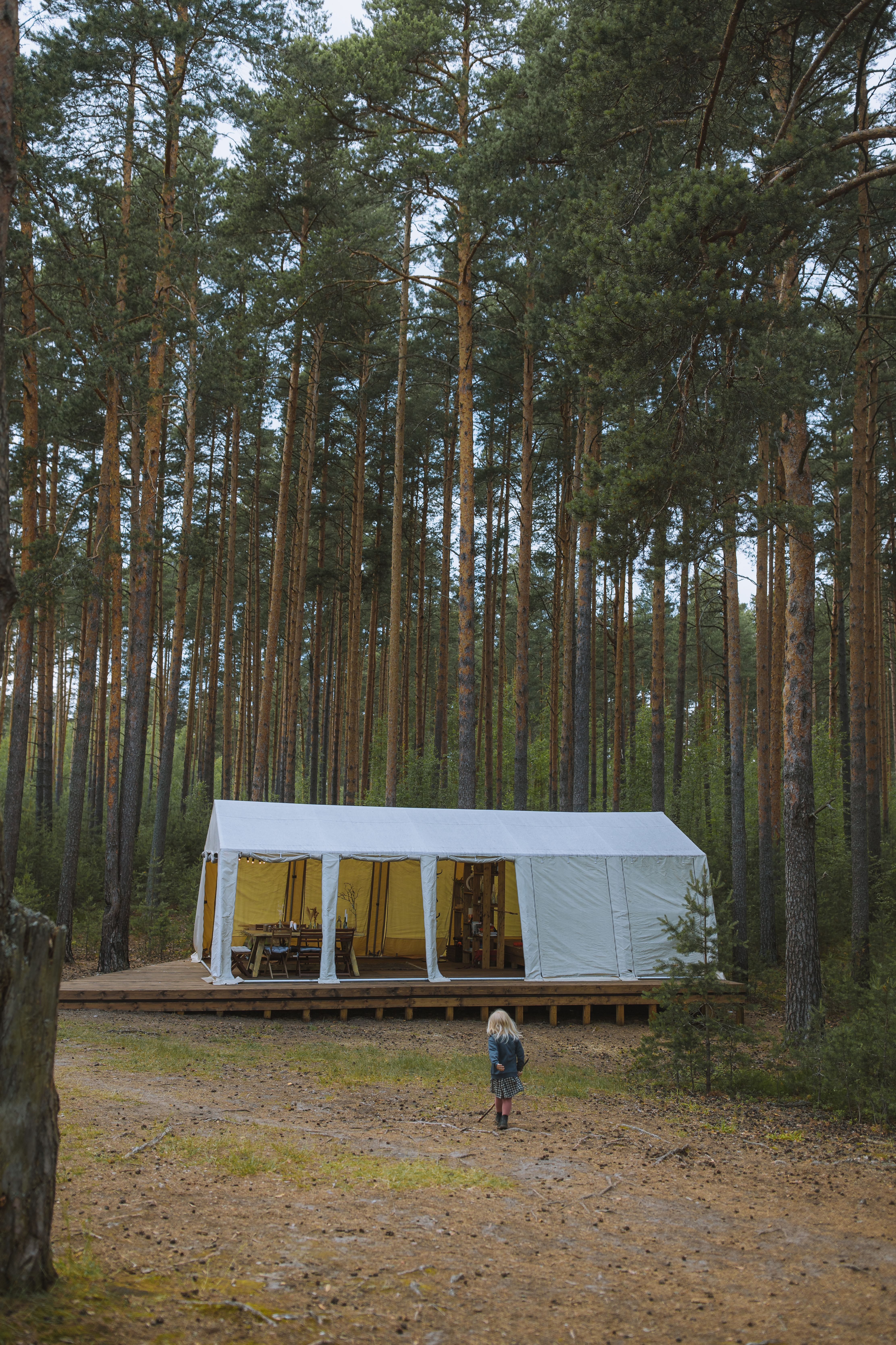 RV sites beside a resort-style pool with glamping tents and covered wagons in the background