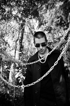 一张黑白照片中，一位穿着黑衣、戴着墨镜的严肃男子站在森林中悬挂的铁链前