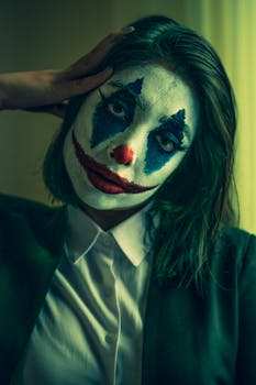 A mysterious and dark portrait of a woman with Joker-inspired face paint indoors.