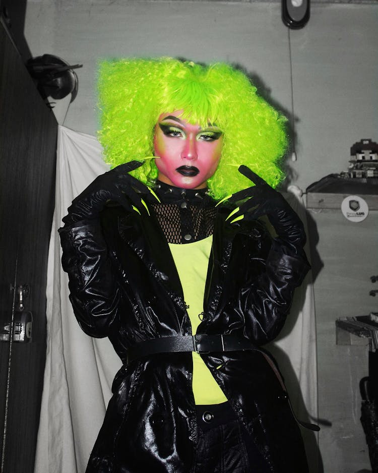 Trendy Person In Neon Wig And Bright Makeup