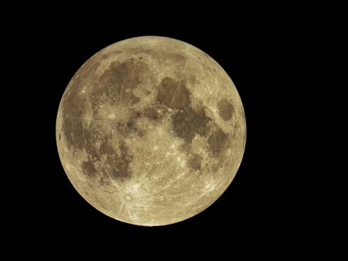 Free Close-up photo of the full moon against a dark, starless night sky highlighting lunar features. Stock Photo