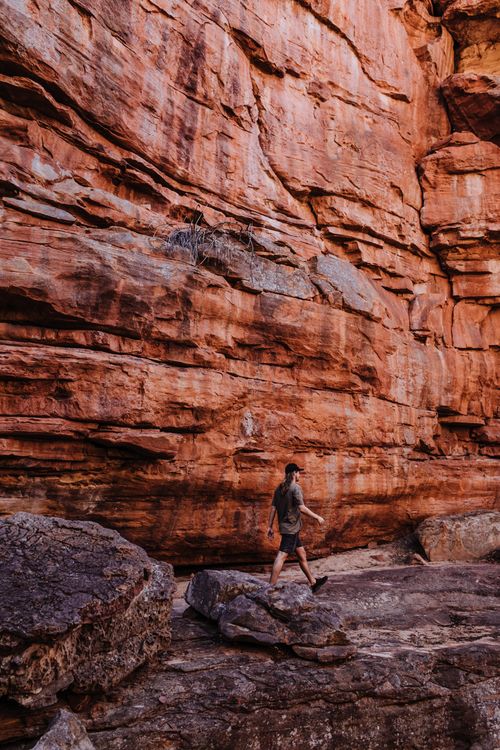 Free Unrecognizable male in casual clothes and cap walking along high rocky cliffs in canyon in daytime Stock Photo