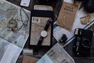 桌上放着一块手表，旁边还有地图和老式相机，这些都是旅行配件