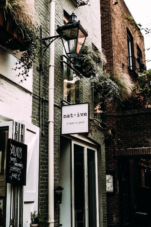 Free White sign hanging on facade of residential building with brick wall window and potted plants placed near streetlamp on street Stock Photo