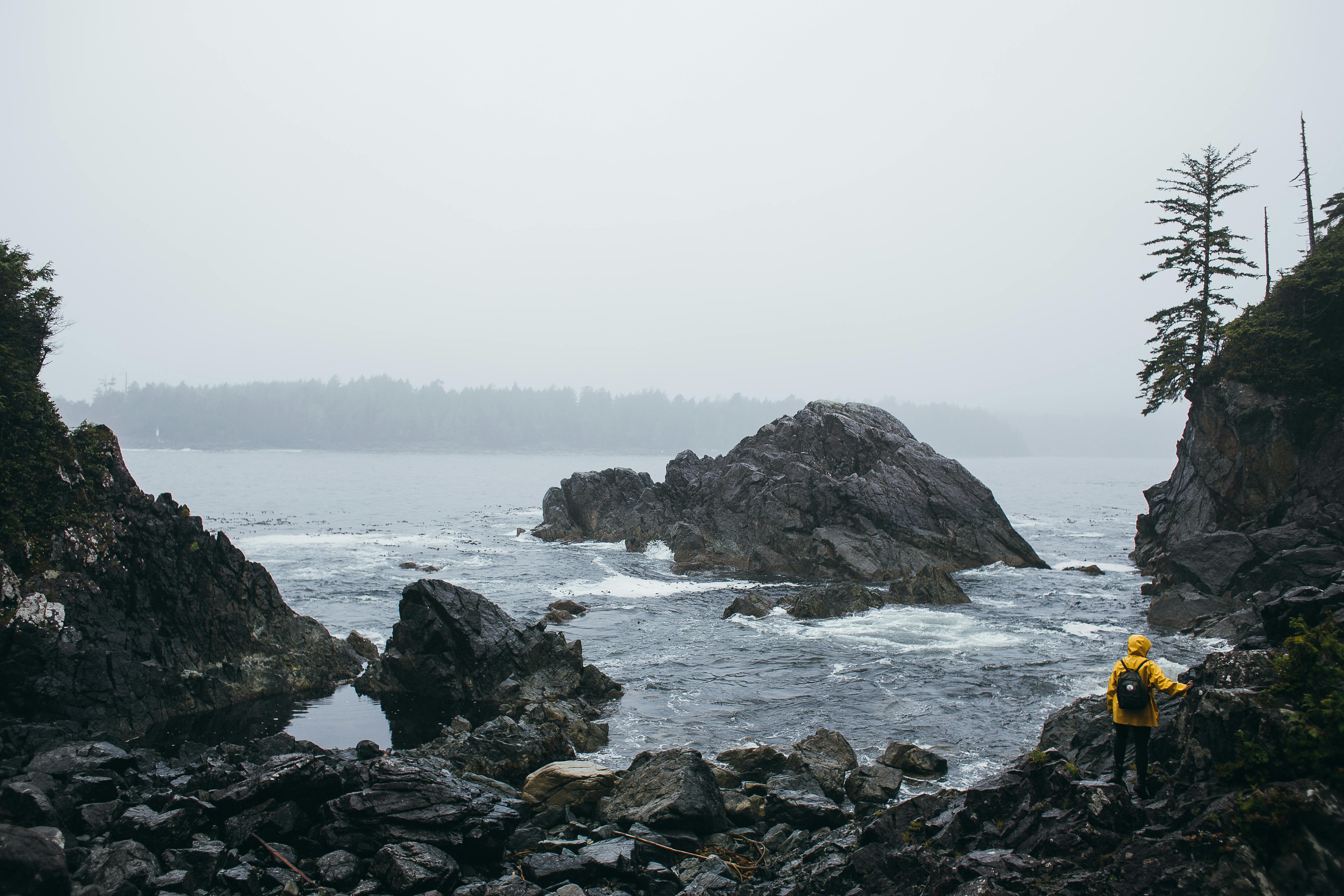 lonely person on rocky coast in overcast weather