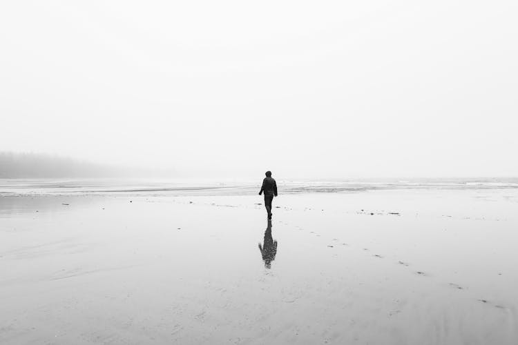 Anonymous Person Walking On Wet Sandy Beach