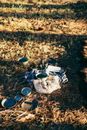 From above of ceramic plates and bowls near knitted bag placed on dry grass in sunbeams