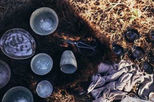 Overhead of composition with ceramic and glass utensil near scissors placed on fur on dry grass on sunny day