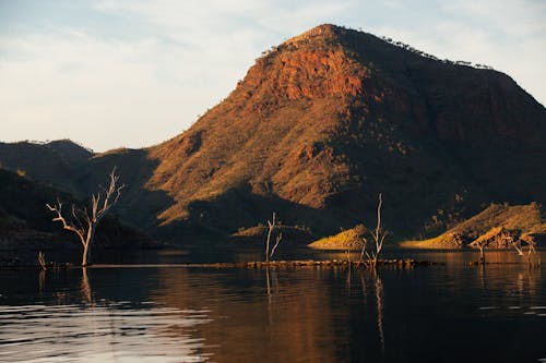 High mountains covered with green trees near calm lake