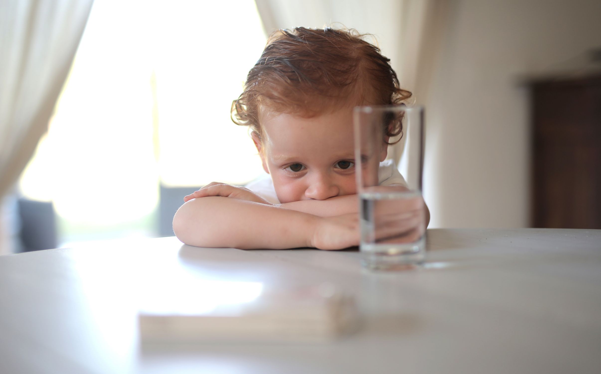 Un jeune enfant observe avec concentration un verre d'eau posé sur une table, illustrant le concept de patience et d'observation dans l'approche Montessori.