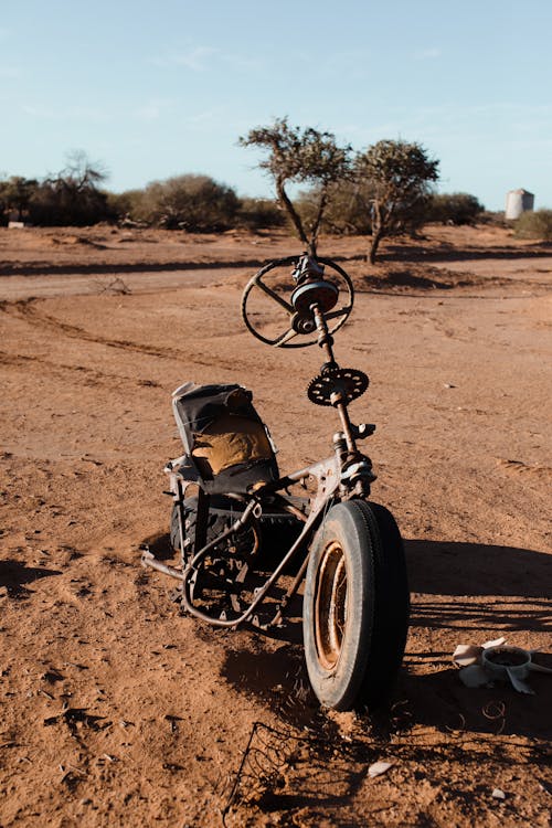 Shabby parts of automobile with tire and steering wheel placed on sandy ground in countryside on junkyard with green trees