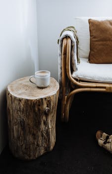 A cozy corner with a mug on a wooden stump beside a bamboo armchair and cushions.