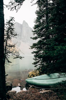 平静的湖泊四周环绕着常绿的森林和山脉，岸边停着独木舟