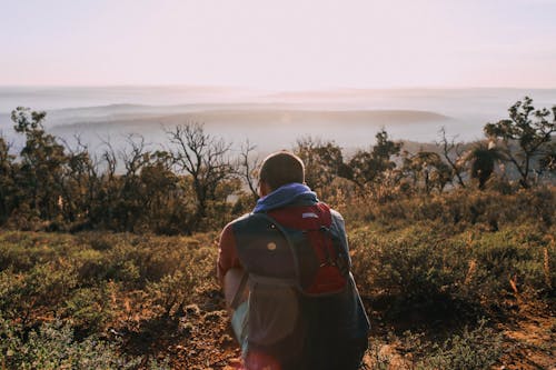 Man Wearing White Shirt, Brown Shorts, and Green Backpack Standing on ...